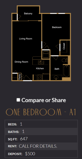 Floor plan for 1 bed, 1 bath, 647 sqft